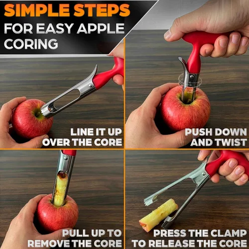 Miniatura 5 de Herramienta descorazonadora de manzana, removedor de núcleo de manzana con mango ergonómico rojo, acero inoxidable duradero y seguro para alimentos