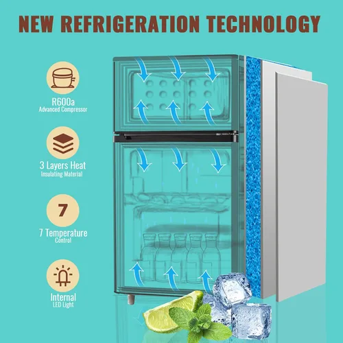 Miniatura 4 de WANAI Refrigerador pequeño con congelador de 3.5 pies cúbicos, mini refrigerador con congelador en la parte superior, doble puerta, pequeño Negro