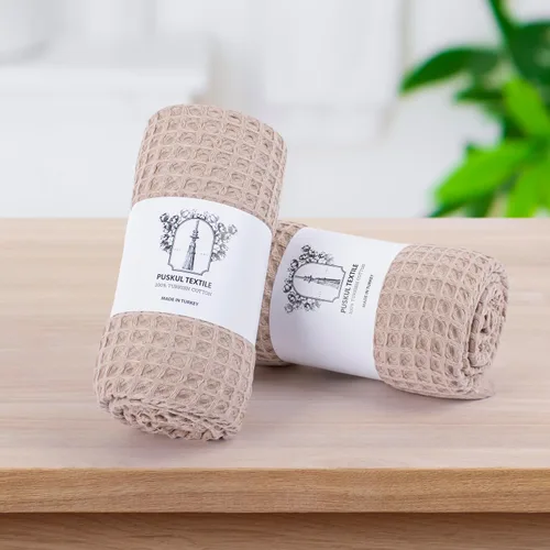 Miniatura 9 de PÜSKÜL - Paquete de 2 toallas de baño y spa de punto gofre, 100% algodón orgánico turco de alta calidad, fina de secado rápido, fabricadas en Beige