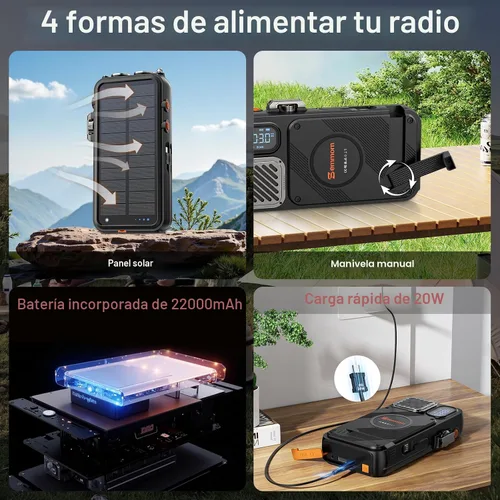 Miniatura 5 de Radio de emergencia y banco de energía solar de 22000 mAh, radio meteorológica FM NOAA, radio portátil con manivela Bluetooth, cargador de teléfono