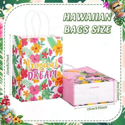Miniatura 2 de Outus 24 Piezas Bolsas de Favor de Fiesta Hawaiana de Verano Bolsas de Papel de Regalo Tropical Goodie con Asas Aloha Tiki Luau Hojas de Palma