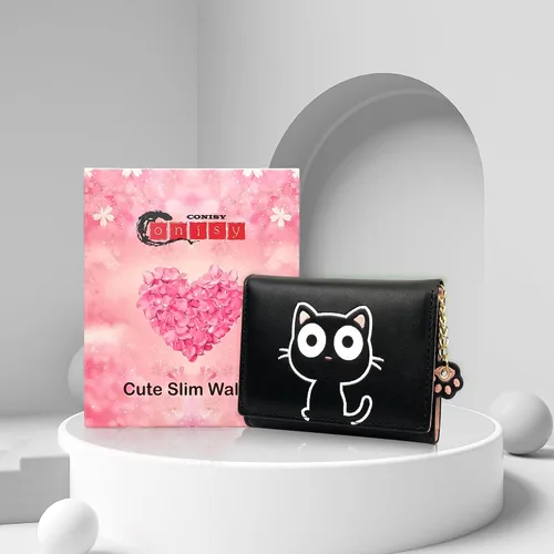 Miniatura 76 de CONISY Lindas carteras para mujer, de cuero con bloqueo RFID, pequeña cartera triple con ventana de identificación para niñas y mujeres