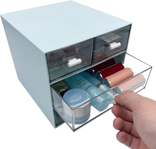 Miniatura 6 de Marknor Organizador de maquillaje, organizador de escritorio con 4 cajones, almacenamiento de artículos diversos, caja de almacenamiento de Azul