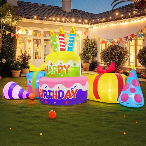 Miniatura 4 de Decoración inflable de pastel de cumpleaños feliz de 8 pies con velas, decoraciones inflables para patio exterior, luces LED integradas para fiestas