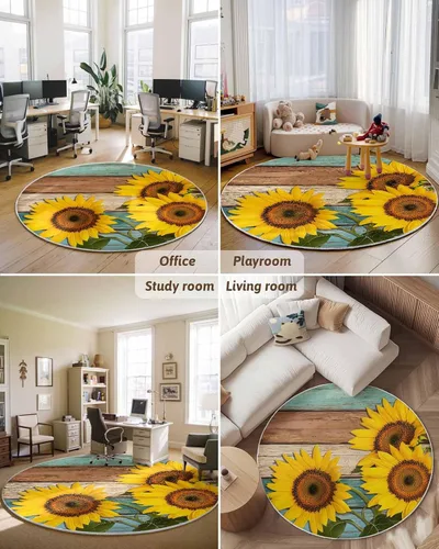 Miniatura 7 de Alfombra redonda de girasol verde azulado de 3 pies, lavable para interiores y exteriores, para dormitorio, cocina, baño, sala de estar, casa