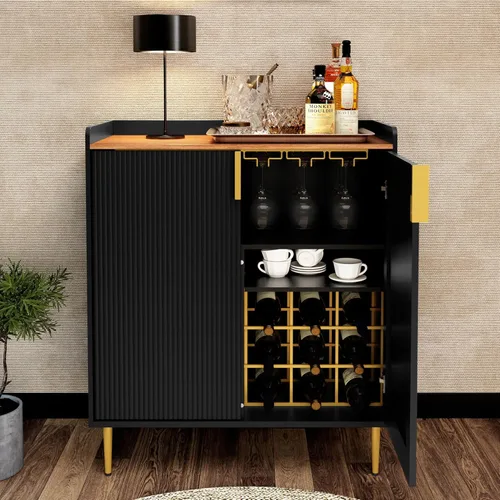 ARTPOWER Aparador Buffet con Textura Acanalada, Gabinete Moderno de Barra de Café con Estante para Vinos y Cajones, Gabinete Negro de Licor para