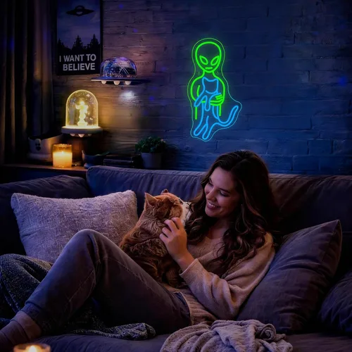 Miniatura 6 de Ineonlife Letreros de neón de alienígena verde, divertidos letreros de neón de gato alienígena para cueva de hombres, luz LED, decoración de arte
