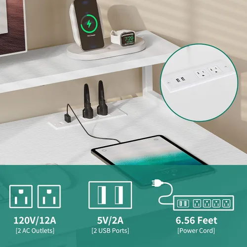 Miniatura 5 de YITAHOME Escritorio para computadora con cajones, escritorio de oficina de 47.2 pulgadas con tomas de corriente y luz LED, escritorio de oficina