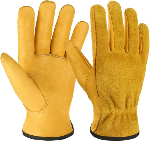 Miniatura 11 de OZERO Guantes de trabajo de piel de vaca con agarre flexible para cortar madera, construcción, conducción de camiones, jardín/patio para trabajo Oro