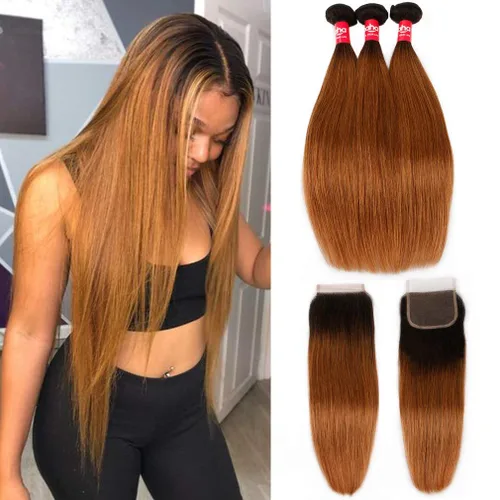 Miniatura 16 de Extensiones de cabello humano marrón con reflejos de Haha con cierre, extensiones lisas con cierre ombre, extensiones de cabello humano con cierre