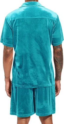 Miniatura 3 de LecGee Conjunto de pantalones cortos casuales de verano para hombre, camisa de terciopelo de manga corta con botones, pantalones cortos de cintura