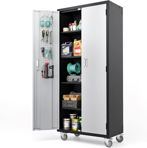 Miniatura 15 de VINGLI Armario de Pared para Garaje con Puertas con Cerradura y Estante Ajustable, Gabinete de Pared de Metal, Gabinete de Almacenamiento Superior