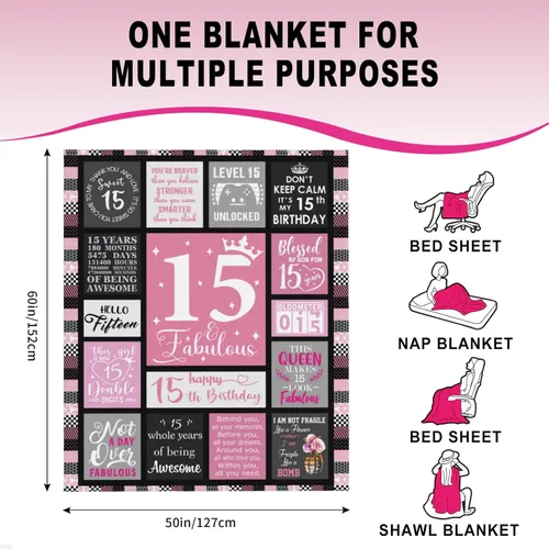 Miniatura 5 de 15 regalos de quinceañera – Manta acogedora de 50 x 60 pulgadas, ideas de regalo para niñas de 15 años, decoraciones de cumpleaños de 15 años