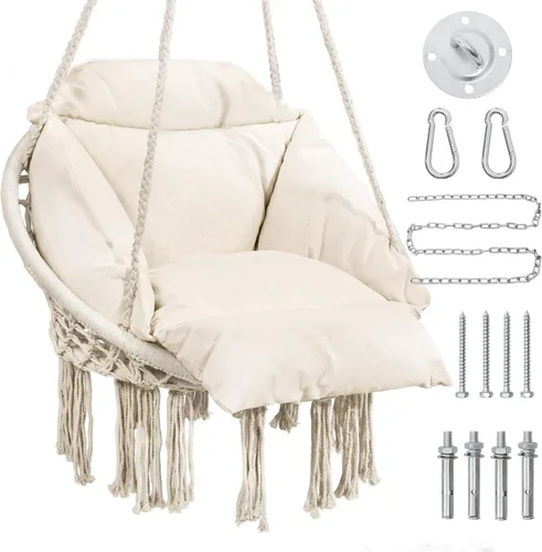 KROFEM Hamaca Silla Colgante Oscilante de Macramé con Cojín de Gran Tamaño, Perfecta para Dormitorio, Porche, Niños, Adultos, Balcón, Beige