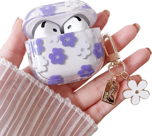 Miniatura 7 de MINSCOSE Funda transparente compatible con AirPods 1/2, bonito diseño de patrón de flores de dibujos animados con llavero floral, funda protectora