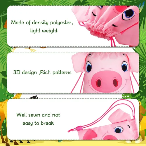 Miniatura 3 de Hillban 16 bolsas de animales con cordón para niños, mochila con cordón para fiestas de niños, con oreja, para safari, cumpleaños (estilo granja)