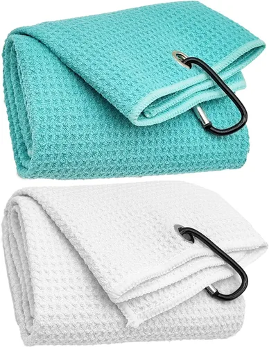 Miniatura 6 de Juego de 2 toallas de microfibra de tres pliegues con clip de mosquetón, toallas de golf con patrón de gofre para bolsas, toallas deportivas al aire
