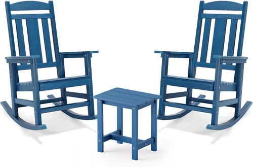 Miniatura 10 de LUE BONA Juego de mecedoras para exteriores, 3 piezas, mecedoras de polietileno HDPS con mesa, juego de sillas mecedoras de plástico resistente a