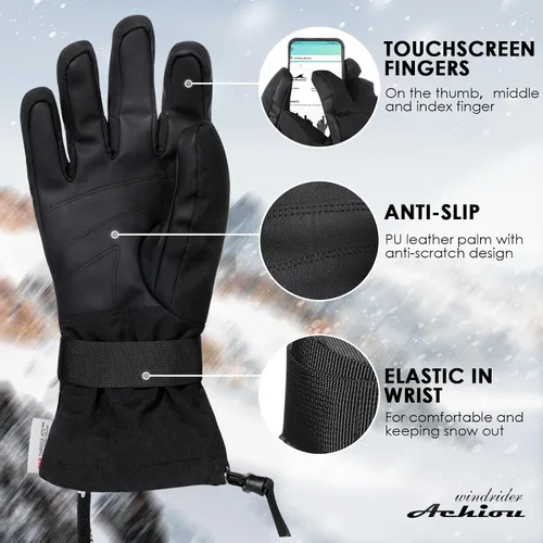 Miniatura 4 de Achiou Guantes de esquí impermeables para snowboard, guantes de invierno para clima frío para hombres y mujeres, guantes de nieve con pantalla táctil