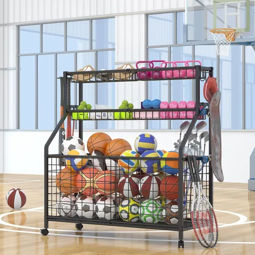 Miniatura 2 de Estante de almacenamiento de bolas, carrito organizador de equipo deportivo grande para garaje, gimnasio en casa, almacenamiento de equipo deportivo