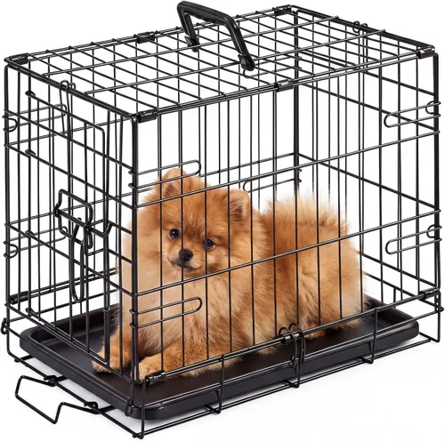 Miniatura 15 de DUMOS Jaula para perros, jaula mediana de doble puerta de 36 pulgadas con bandeja de plástico a prueba de fugas, asa, perrera plegable de alambre