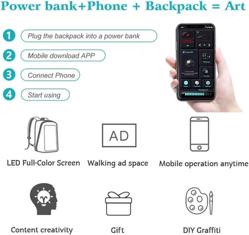 Miniatura 3 de Mochila para laptop con pantalla programable, mochila LED para laptop con control de aplicación, bolsa LED impermeable, viajes, mochila