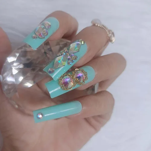 Miniatura 2 de Uñas postizas negras a presión con gemas de lujo, con diamantes de cristal, uñas postizas largas con barra de aguja, 24