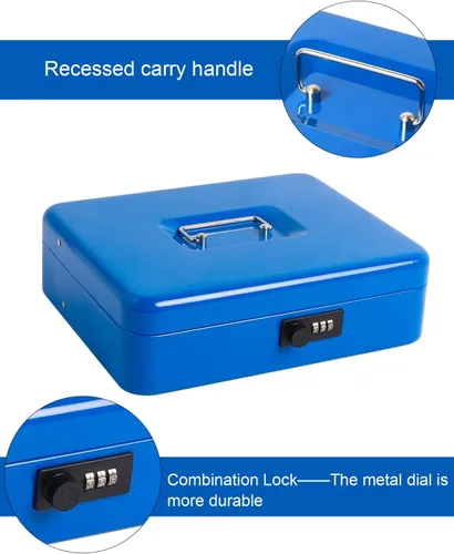 Miniatura 3 de Caja de efectivo grande con bandeja de dinero y cerradura, caja de dinero de metal para efectivo, caja de seguridad de 11.8 x 9.5 x 3.54 pulgadas