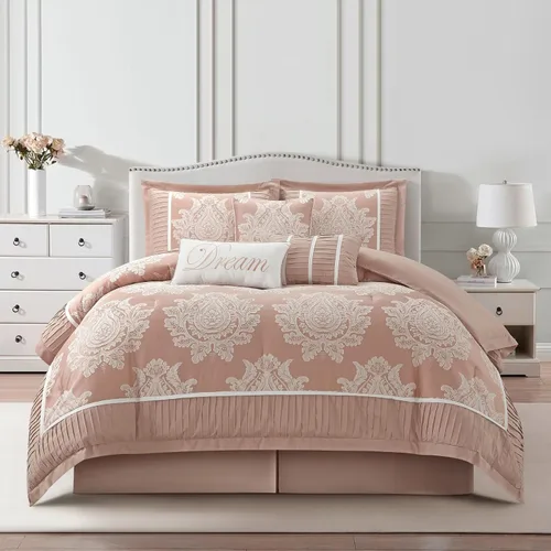Miniatura 19 de Grand Avenue - Juego de edredón beige tamaño Queen, jacquard con juego de ropa de cama a juego de piezas sólidas, para todas las estaciones, faldón