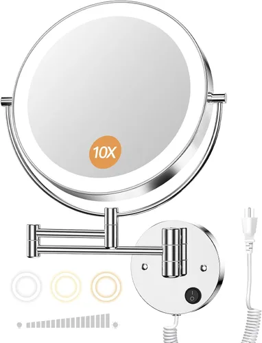 Miniatura 9 de Gospire Espejo iluminado montado en la pared de 9", con aumento 1X/10X, espejo de baño LED de doble cara, 3 luces de color y atenuación sin Dorado