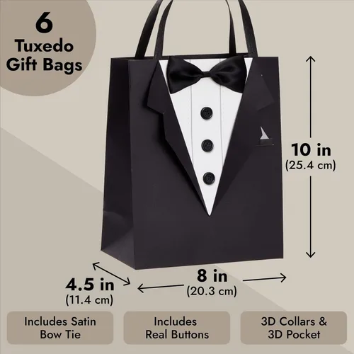 Miniatura 3 de Sparkle and Bash Bolsas de regalo para padrinos de boda con diseño de esmoquin 3D, pajarita de satén y botones reales, color negro, paquete de 6, 8