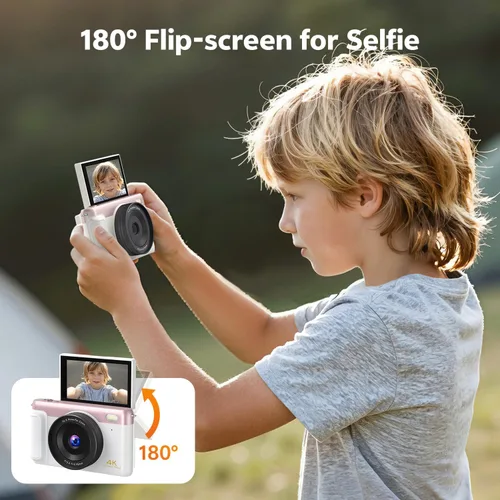 Miniatura 4 de Cámara digital 4K con pantalla abatible, rosa, cámara compacta para fotografía Auto Focus, Built-in WiFi, 16x Digital Zoom, 2500mAh Battery, 32GB