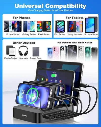 Miniatura 6 de MSTJRY Estación de carga para múltiples dispositivos: estaciones de carga USB de 6 puertos - Base de carga organizadora familiar para múltiples Negro