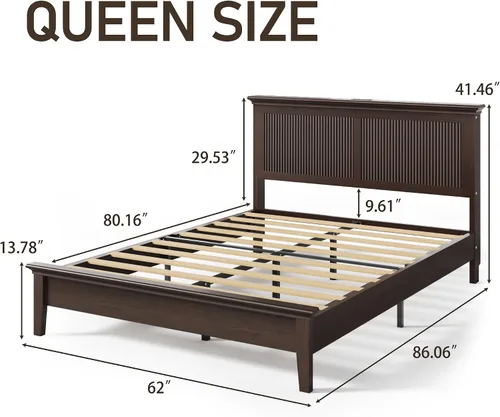 Miniatura 9 de Lifezone Cama Queen de madera, cama de madera maciza con cabecera alta, diseño vintage americano, cama Queen con estación de carga y LED RGB, Nogal
