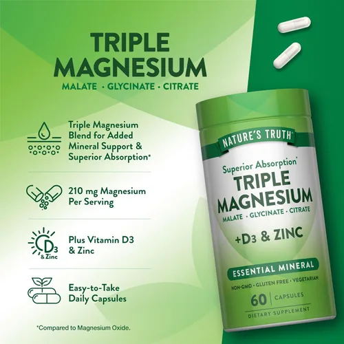 Miniatura 5 de Nature's Truth Suplemento triple de complejo de magnesio 60 cápsulas glicinato, citrato y malato con D3 y zinc Vegetariano, sin OMG y sin