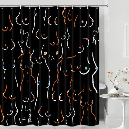 Miniatura 5 de JAWO Divertida cortina de ducha para baño, diseño de pechos divertidos, cuerpo femenino, divertido juego de cortinas de ducha de tela artística