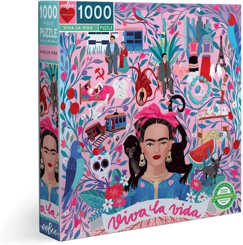 eeBoo: Piece and Love Viva la Vida Frida Kahlo - Rompecabezas cuadrado de 1000 piezas para adultos, rompecabezas para adultos y familias, piezas