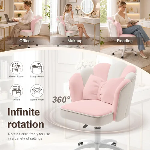 Miniatura 6 de Silla de tocador con ruedas Silla de escritorio de terciopelo con pétalos Silla de oficina en casa tapizada y copetada para mujeres y niñas, silla