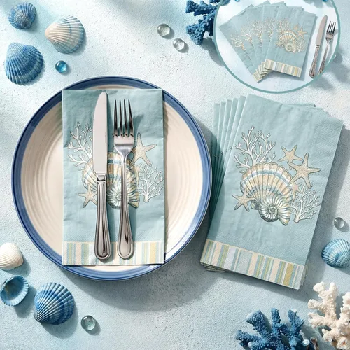 Miniatura 2 de Jetec 200 servilletas de papel costeras con conchas marinas, toallas de mano de papel para baño, desechables, diseño de estrella de mar azul marino