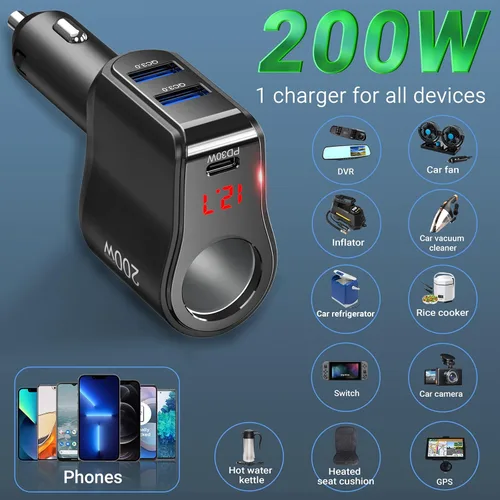 Miniatura 7 de Adaptador de cargador de coche PD USB C de 200 W: divisor de enchufe de encendedor de cigarrillos de 12 V Enchufe de CC de 12 voltios Toma