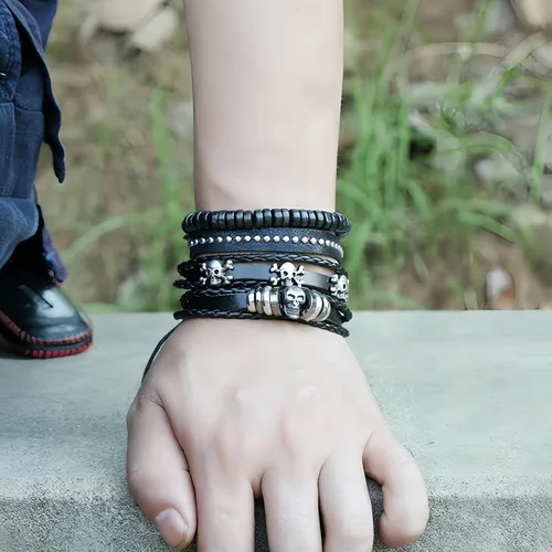 Miniatura 4 de Punk Skull Braided Leather Wrap Bracelet For Men Women Emo Goth Cuff Bracelet Set Adjustable Gothic Rock Jewelry