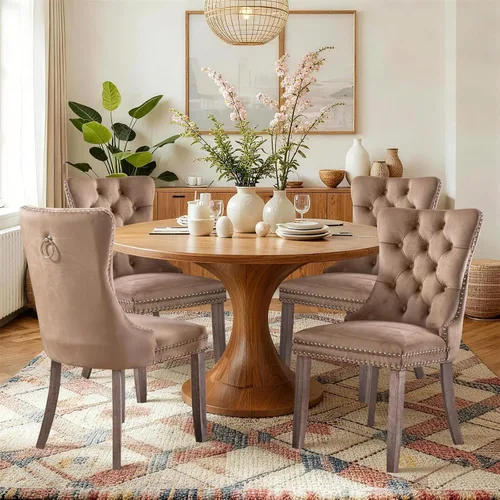 Miniatura 149 de SoarFlash Juego de 2 sillas de comedor de tela de lino, sillas de comedor tapizadas con ribete de cabeza de clavo y patas de madera de color claro
