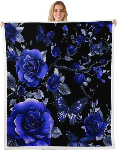 Manta de franela azul rosa para todas las estaciones, manta de cama gótica de mariposa para decoración del hogar kawaii, manta rústica con flores