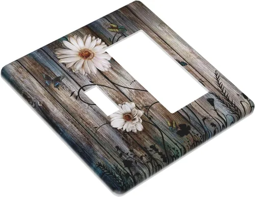 Miniatura 3 de Cubierta de interruptor de luz basculante de palanca de 2 bandas con textura de tablón rústico, diseño floral de mariposa y margarita
