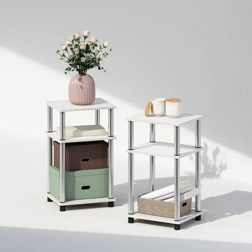 Miniatura 23 de Furinno Just Turn-N-Tube - Mesita de noche de almacenamiento abierto, 1 paquete, 3 niveles, blanco/blanco