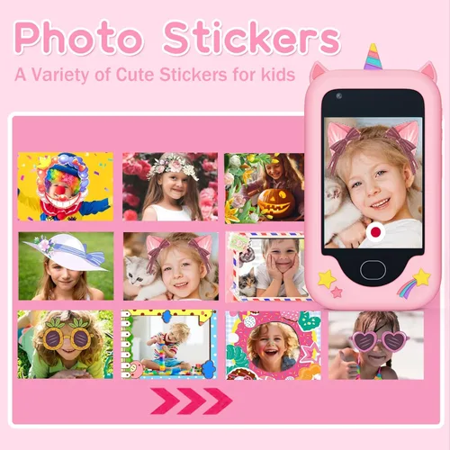 Miniatura 5 de Teléfono inteligente para niños, regalo de cumpleaños de Navidad para niños de 3 a 10 años, pantalla táctil, juguete con cámaras, aprendizaje, rosa01
