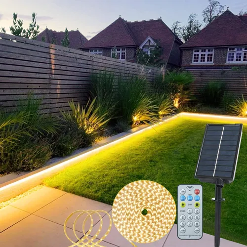 Miniatura 10 de Tira de luces solares de 50 pies para exteriores, tira de luz LED impermeable, encendido/apagado automático, tira de luces recargables de 8 modos