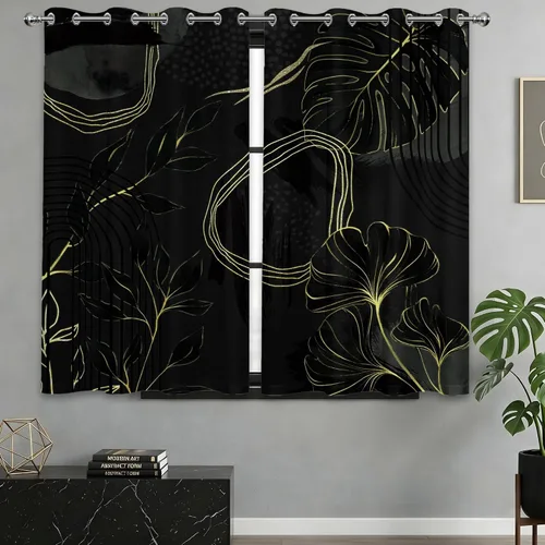 Cortinas opacas negras y doradas, cortinas modernas de mediados de siglo para dormitorio, sala de estar, 63 pulgadas de largo, juego de 2 paneles,