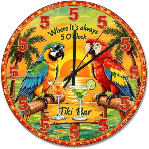Miniatura 53 de ArogGeld Reloj de pared de 5 O'Clock Somewhere - Reloj redondo de madera para casa de playa, 10, silencioso, sin tictac, batería de cuarzo, granja