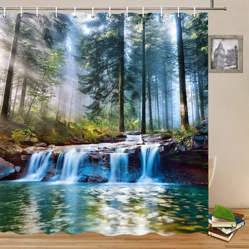 Miniatura 5 de Cortinas de ducha con cascadas, decoración de baño al aire libre con paisaje natural del bosque, sol, árbol, planta, paisaje del patio, cortinas